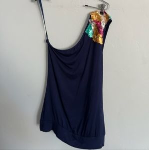 NWT Charlotte Russe Shirt. One Shoulder. Sequins. Size Large. Blue